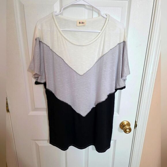 BIBI Women's Color Block Top - White, Gray, and Black - Picture 1 of 3